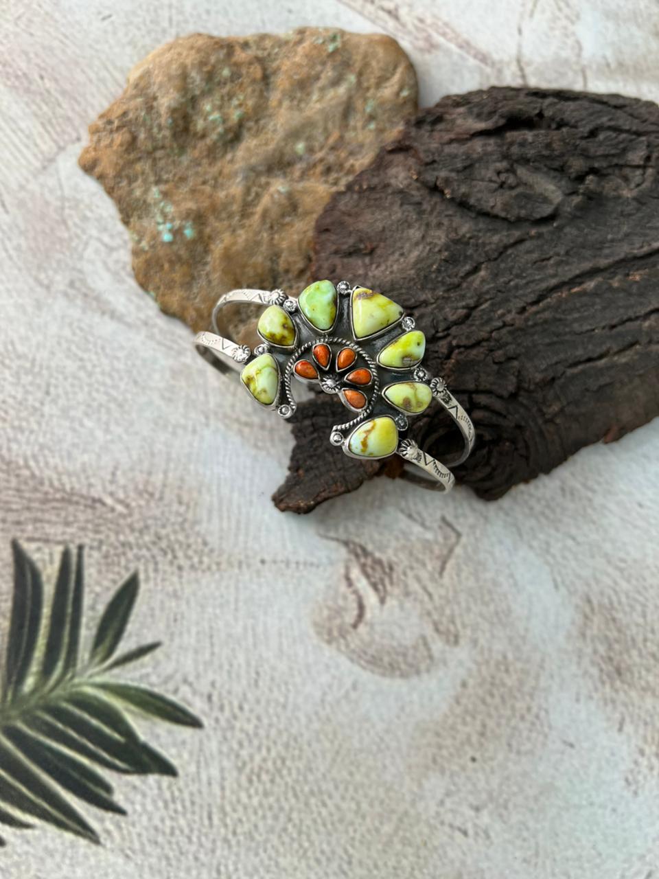Handmade Sterling Silver Palomino Turquoise with Orange Mojave Cuff Bracelet "Signed Nizhoni"
