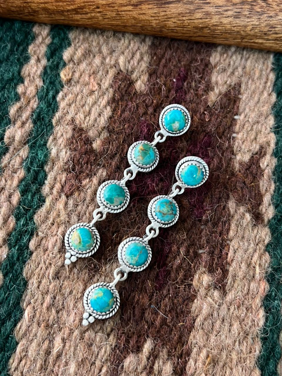 Handmade Sterling Silver Kingman Turquoise Post Dangle Earrings "Signed Nizhoni"