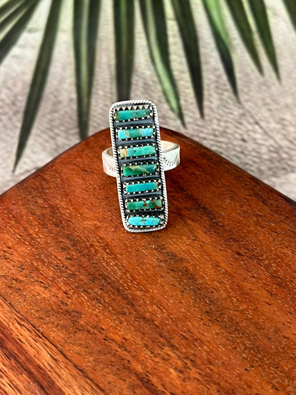 Handmade Sterling Silver Kingman Turquoise Adjustable Bar Ring "Signed Nizhoni"