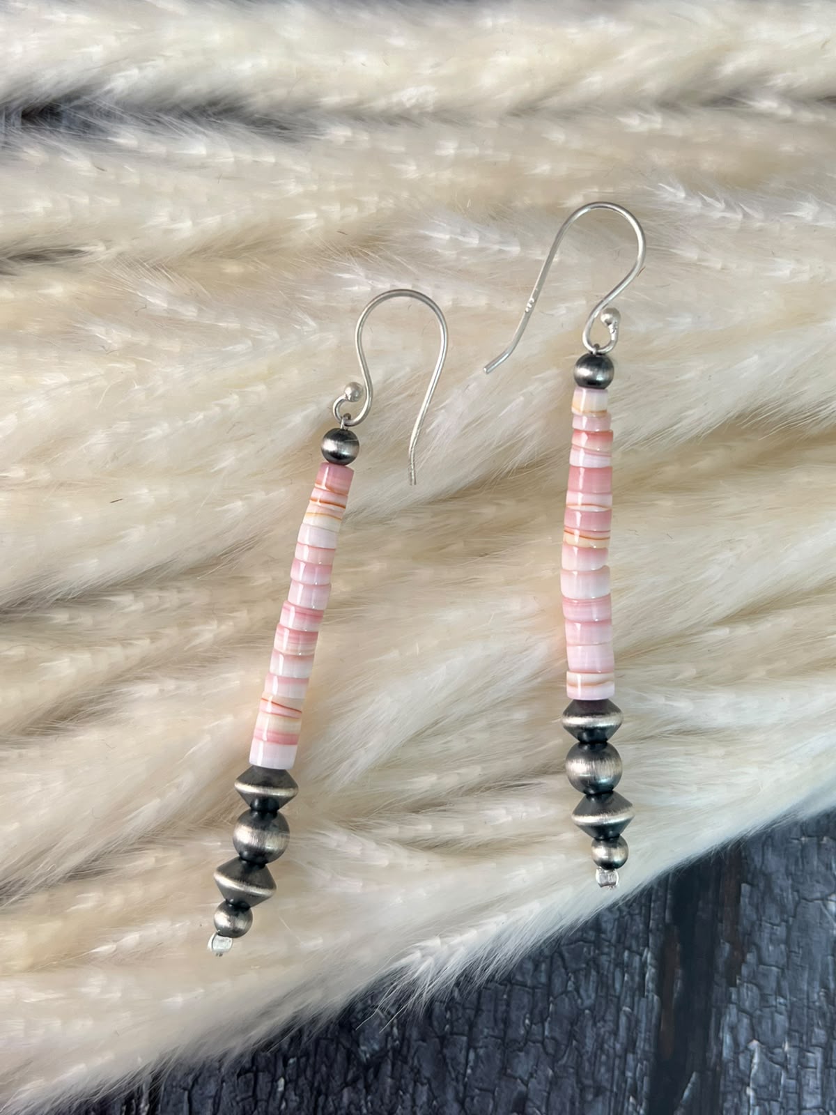Handmade Sterling Silver Queen Pink Conch Collection: Beaded Hook Dangle Earrings (5)