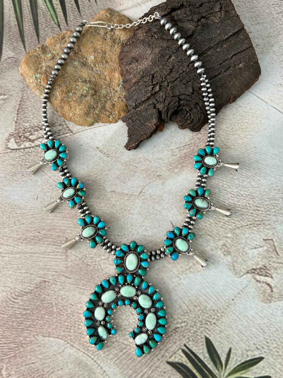 Handmade Sterling Silver Kingman with Paloma Turquoise Beaded Squash Blossom Necklace "Signed Nizhoni"