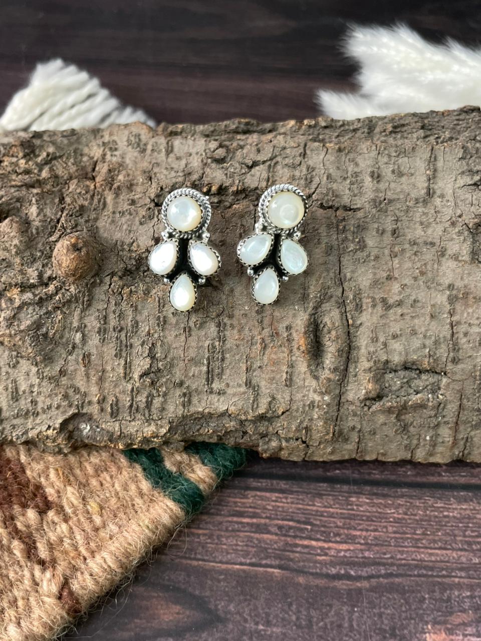 Handmade Sterling Silver Wedding Collection: Mother of Pearl Post Studs Earrings "Signed Nizhoni"