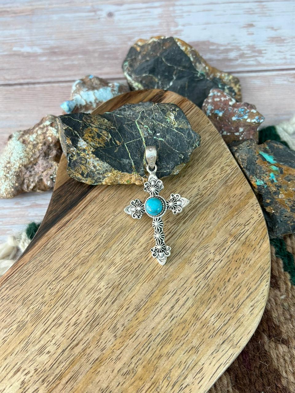 Handmade Sterling Silver Kingman Turquoise Cross Pendant "Signed Nizhoni"