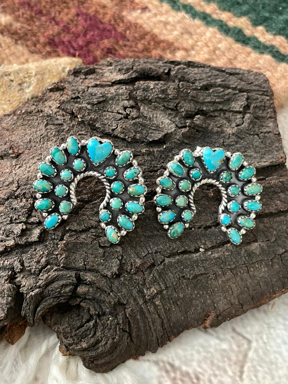 Handmade Sterling Silver Kingman Turquoise Post Studs Naja Earrings "Signed Nizhoni"