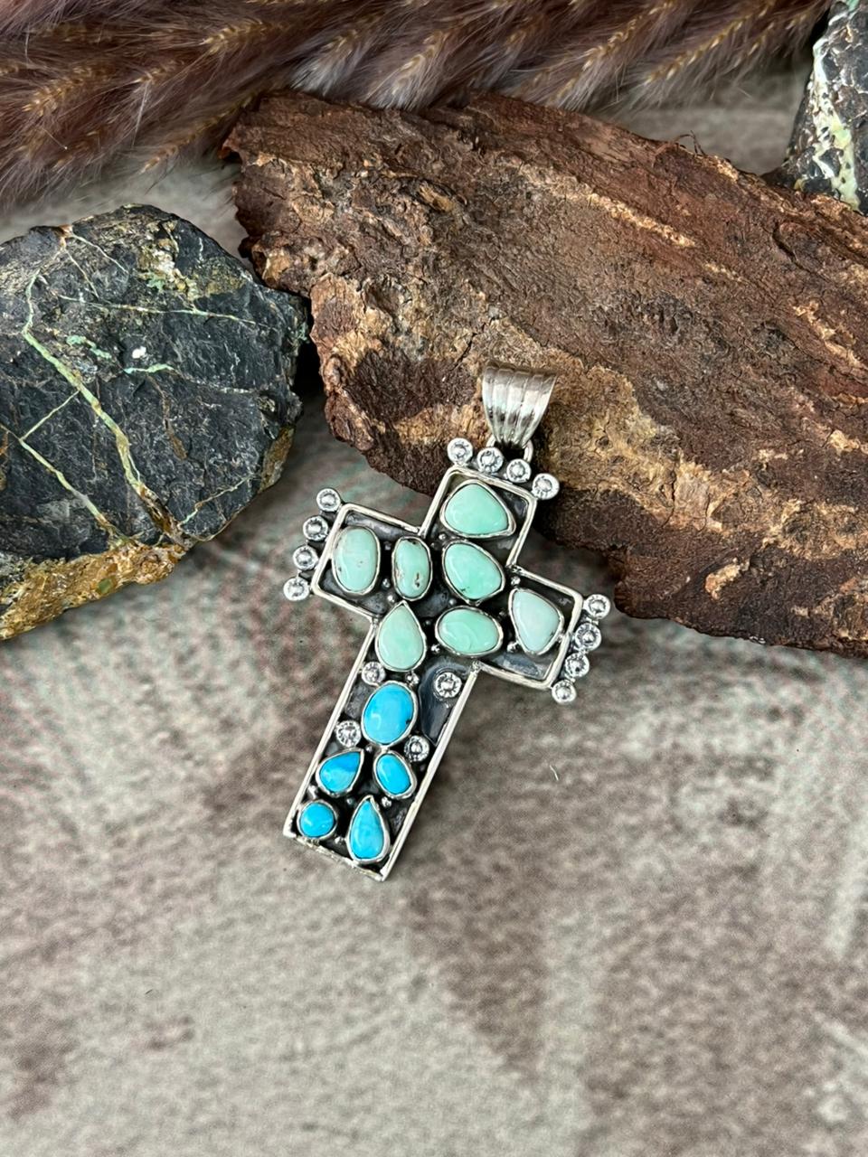 Handmade Sterling Silver White Water with Palomino Turquoise Cross Pendant "Signed Nizhoni"