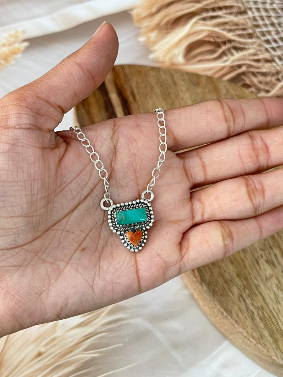 Handmade Sterling Silver Kingman Turquoise with Orange Mojave Necklace Signed Nizhoni