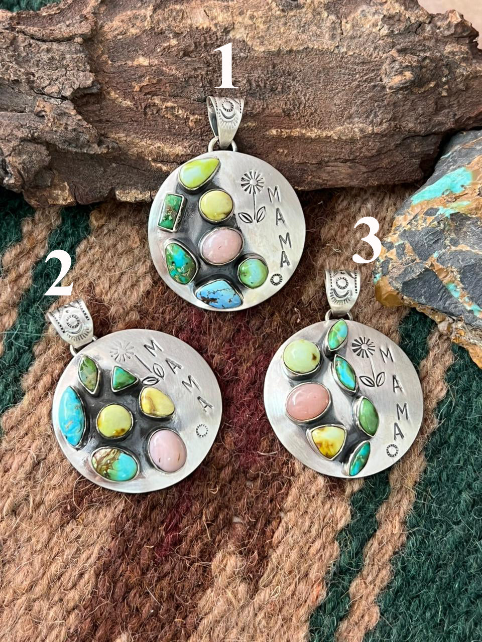 Handmade Sterling Silver Mama Collection: Pink Opal with Sonoran, Golden Hills and Palomino Turquoise Pendant "Signed Nizhoni"