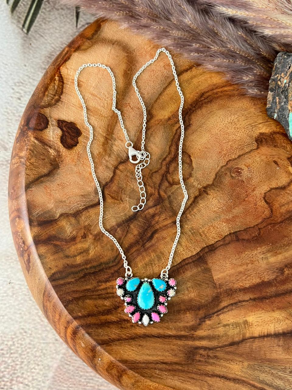 Handmade Sterling Silver Sierra Bella Turquoise with Cotton Candy Collection: Necklace "Signed Nizhoni"