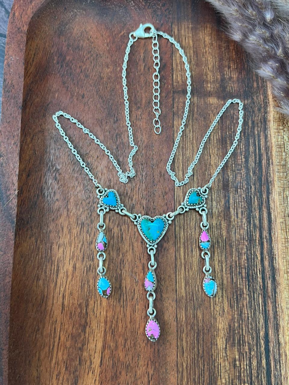Handmade Sterling Silver Kingman Turquoise with Cotton Candy Heart Necklace "Signed Nizhoni"