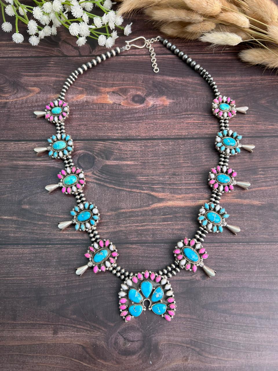 Handmade Sterling Silver Sierra Bella Turquoise with Cotton Candy Collection: Beaded Squash Blossom Necklace "Signed Nizhoni"