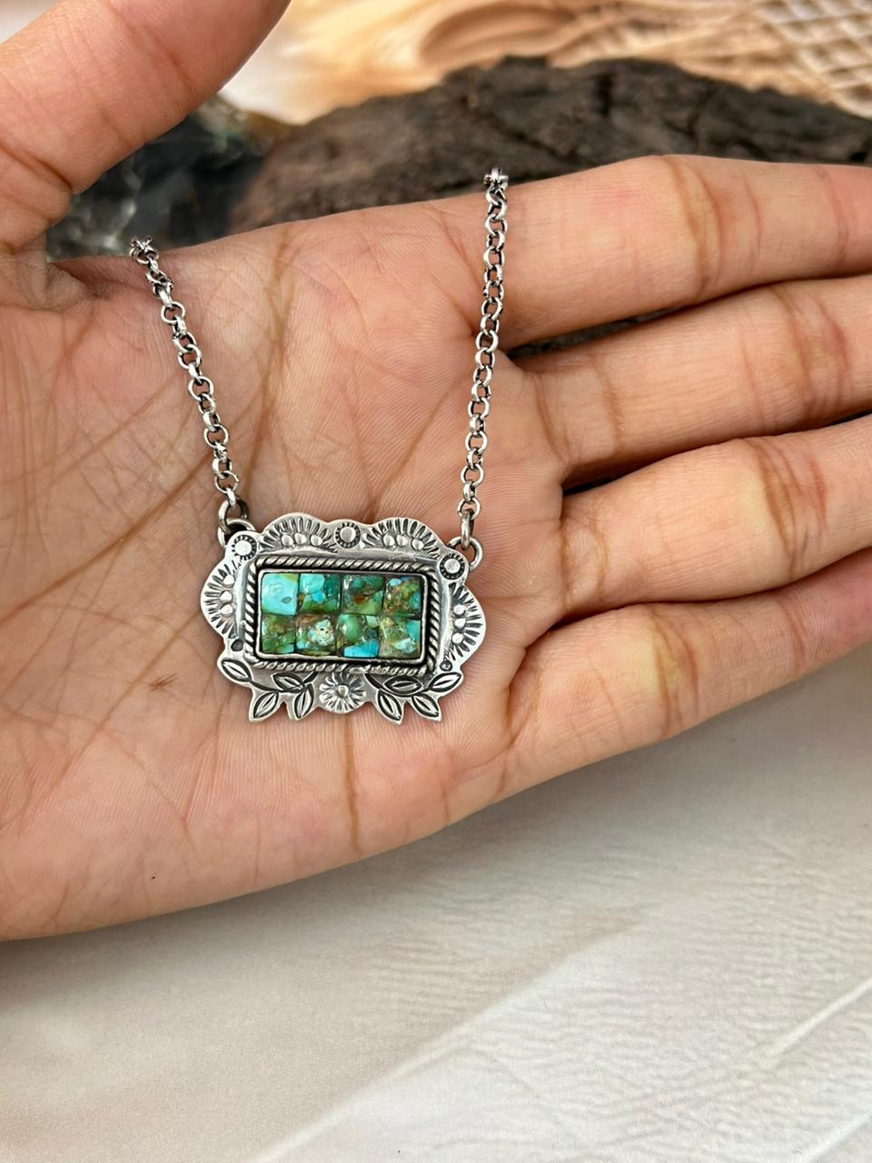 Handmade Sterling Silver Sonoran Cobble Collection: Sonoran Mountain Turquoise Necklace "Signed Nizhoni"