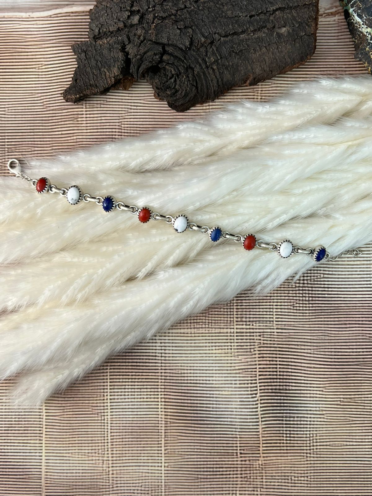 Handmade Sterling Silver 4th Of July Collection: Coral with Lapis and White Buffalo Bracelet "Signed Nizhoni"