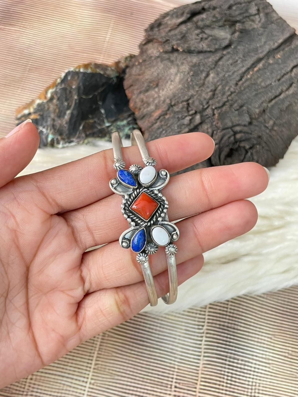 Handmade Sterling Silver 4th Of July Collection: Coral with Lapis and White Buffalo Cuff Bracelet "Signed Nizhoni"