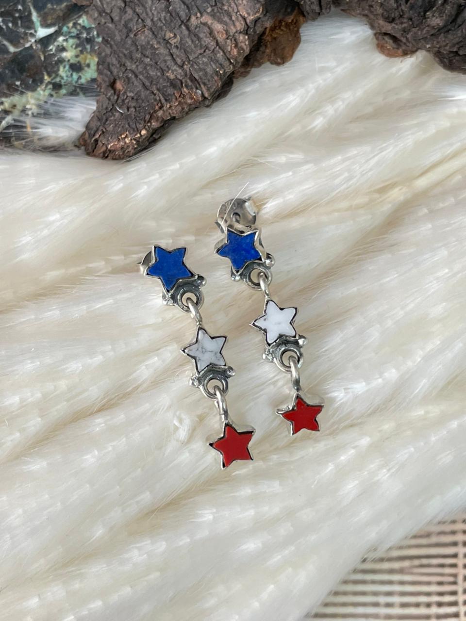Handmade Sterling Silver 4th Of July Collection: Rosarita with Lapis and White Buffalo Post Dangle Star Earrings "Signed Nizhoni"