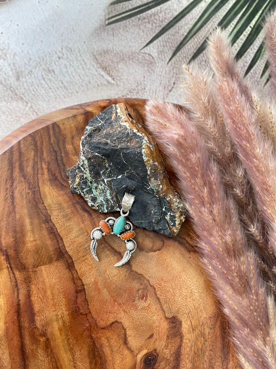 Handmade Sterling Silver Kingman Turquoise with Orange Mojave Pendant "Signed Nizhoni"