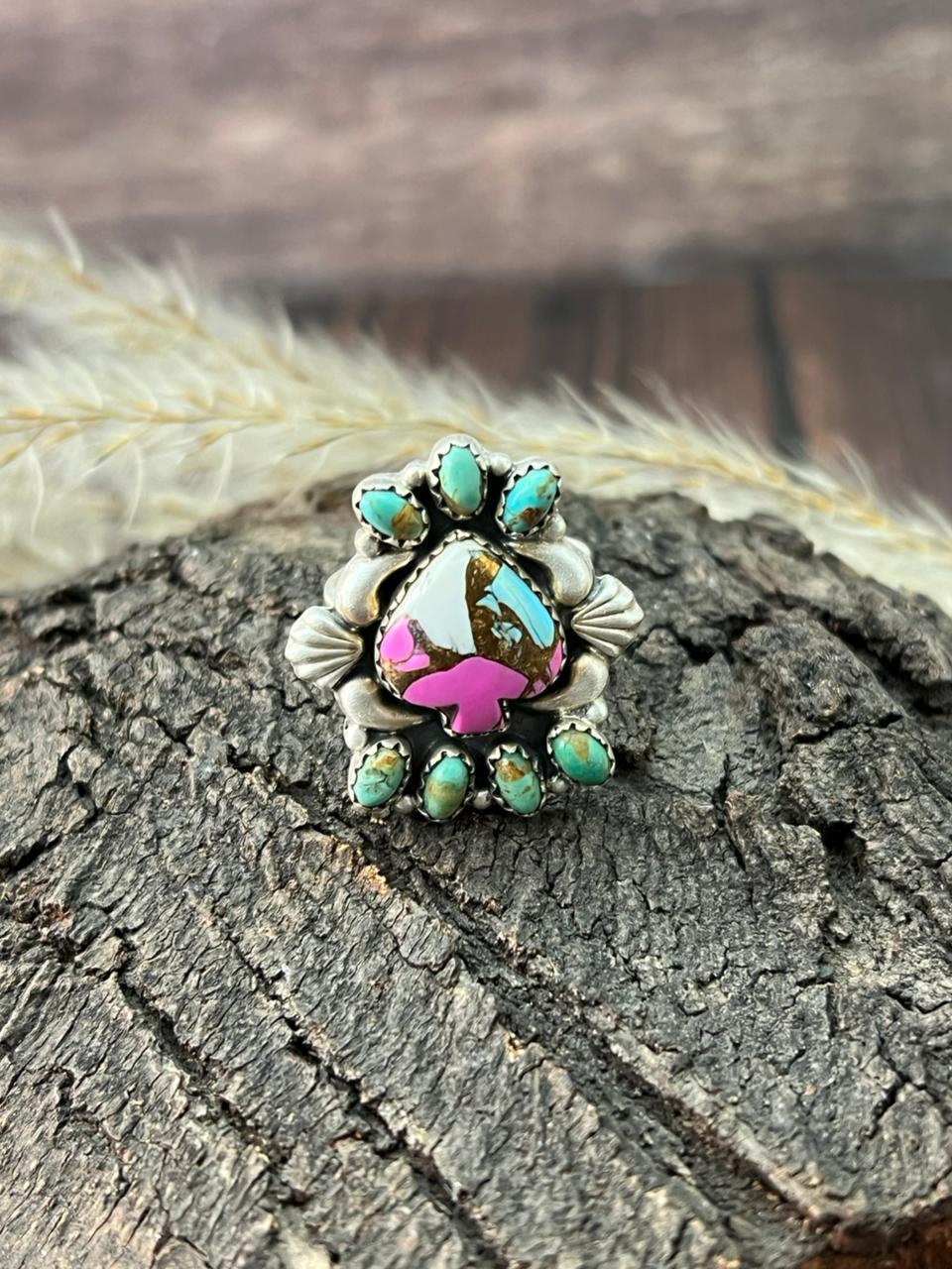 Handmade Sterling Silver Cotton Candy with Kingman Turquoise Adjustable Ring "Signed Nizhoni"
