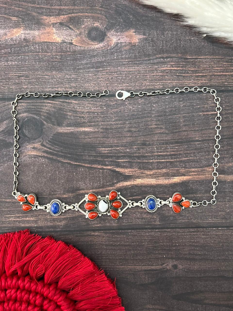 Handmade Sterling Silver 4th Of July Collection: Coral with Lapis and White Buffalo Choker Necklace "Signed Nizhoni"