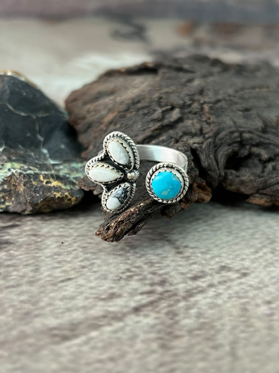 Handmade Sterling Silver White Buffalo with White Water Turquoise Adjustable Ring Signed Nizhoni