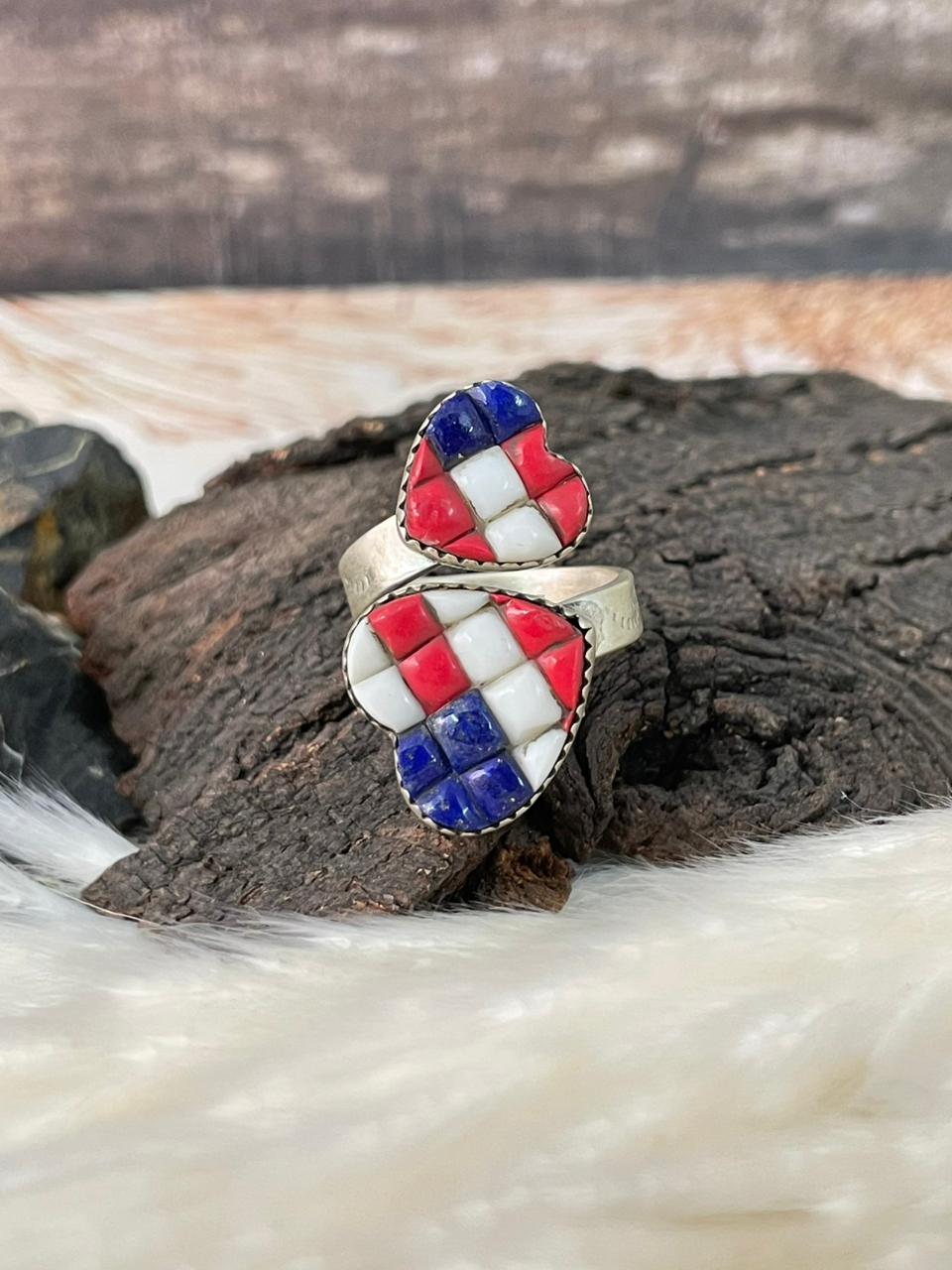 Handmade Sterling Silver 4th Of July Collection: Rosarita with Lapis and White Buffalo Heart Adjustable Ring "Signed Nizhoni"