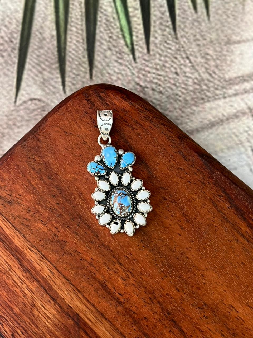 Handmade Sterling Silver White Buffalo with Golden Hills Turquoise Pendant "Signed Nizhoni"