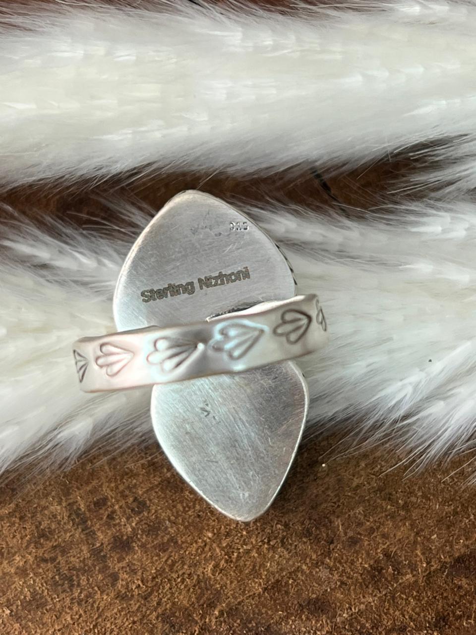 Handmade Sterling Silver Royston Ribbon Turquoise Adjustable Ring "Signed Nizhoni"