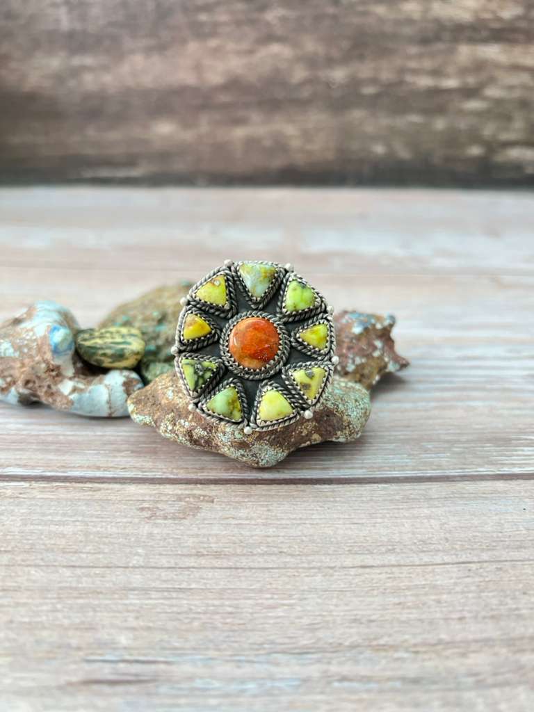 Handmade Sterling Silver Apple Coral and Palomino Adjustable Ring "Signed Nizhoni"