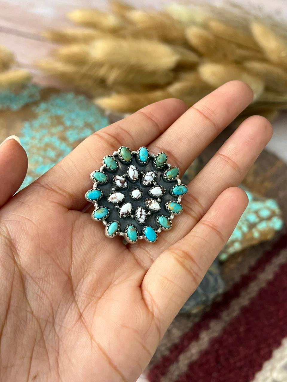Handmade Sterling Silver Kingman with Wildhorse Magnesite Adjusatble Ring "Signed Nizhoni"