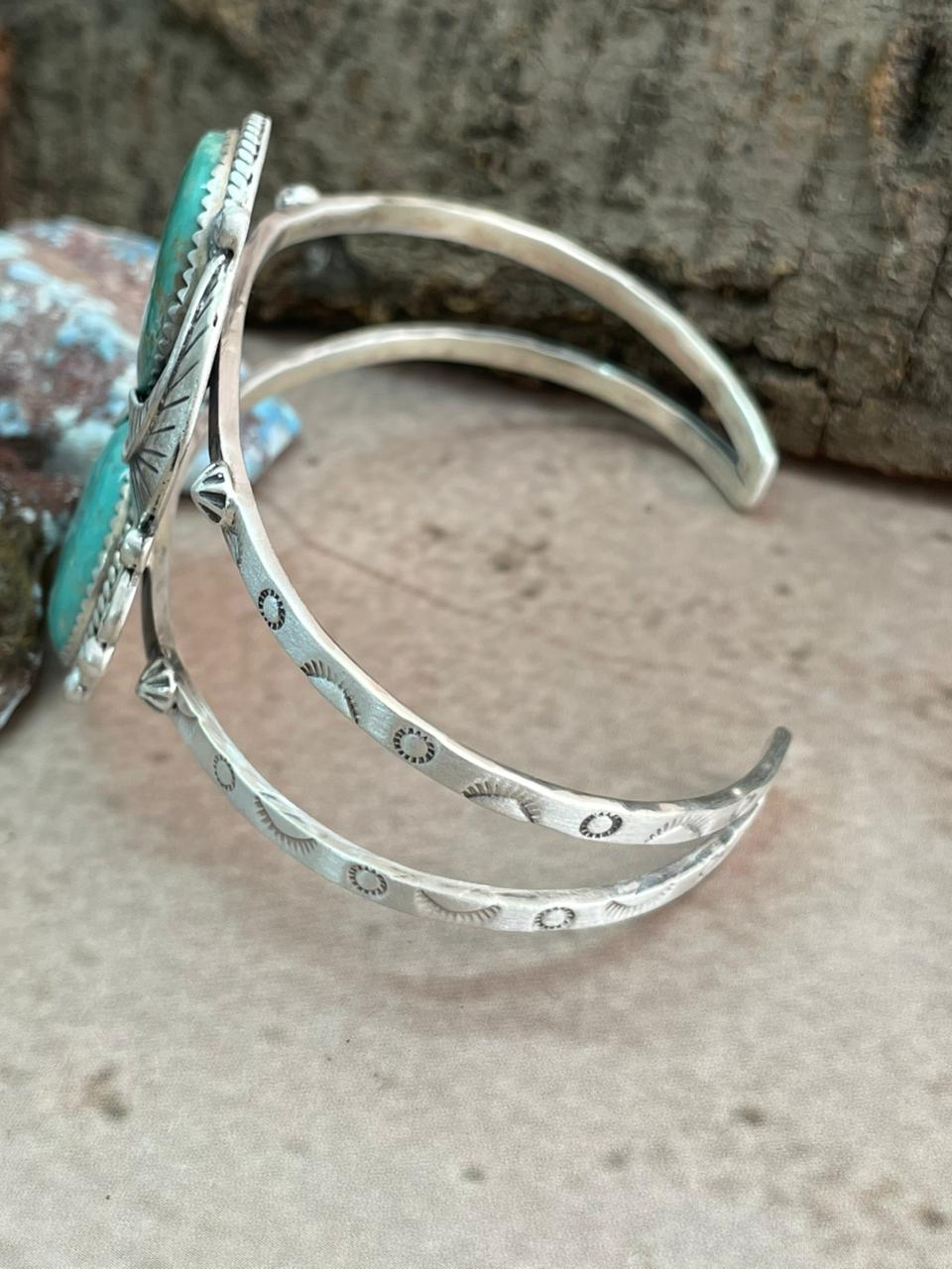 Handmade Sterling Silver Mantis Turquoise Cuff Bracelet with Signed Nizhoni