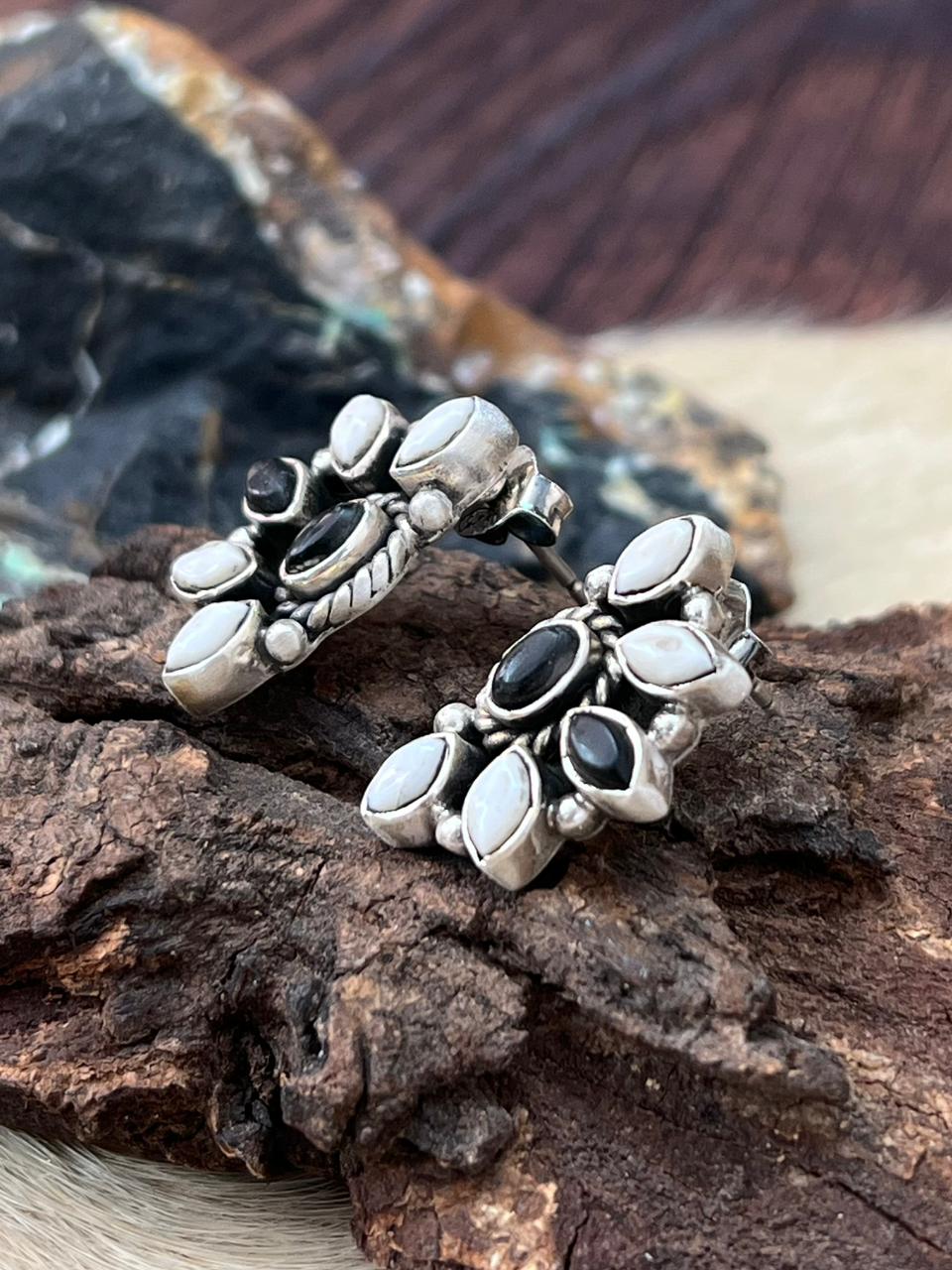 Handmade Sterling Silver White Buffalo Post Studs Earrings "Signed Nizhoni"