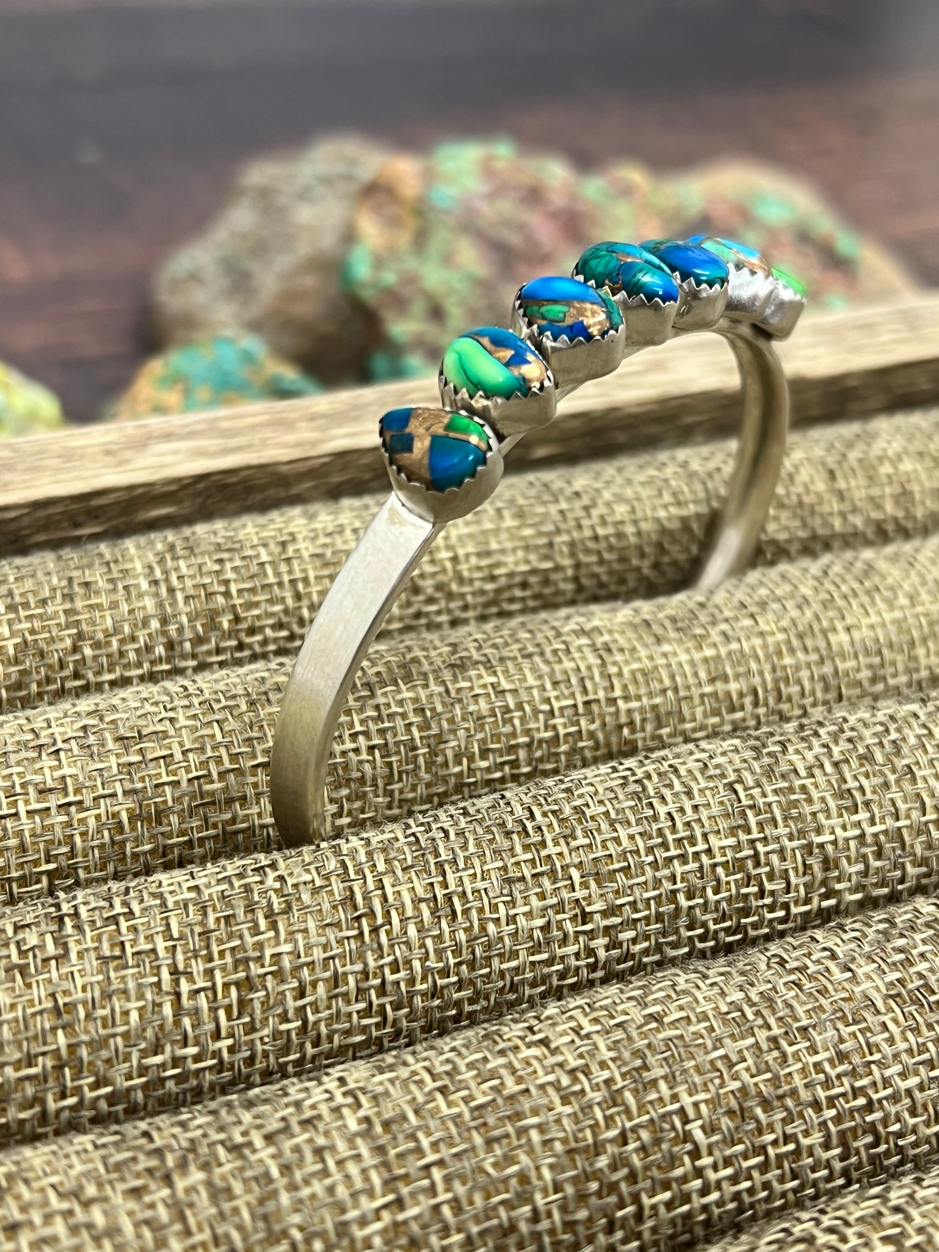 Handmade Sterling Silver Peacock Dahlia Cuff Bracelet with Signed Nizhoni