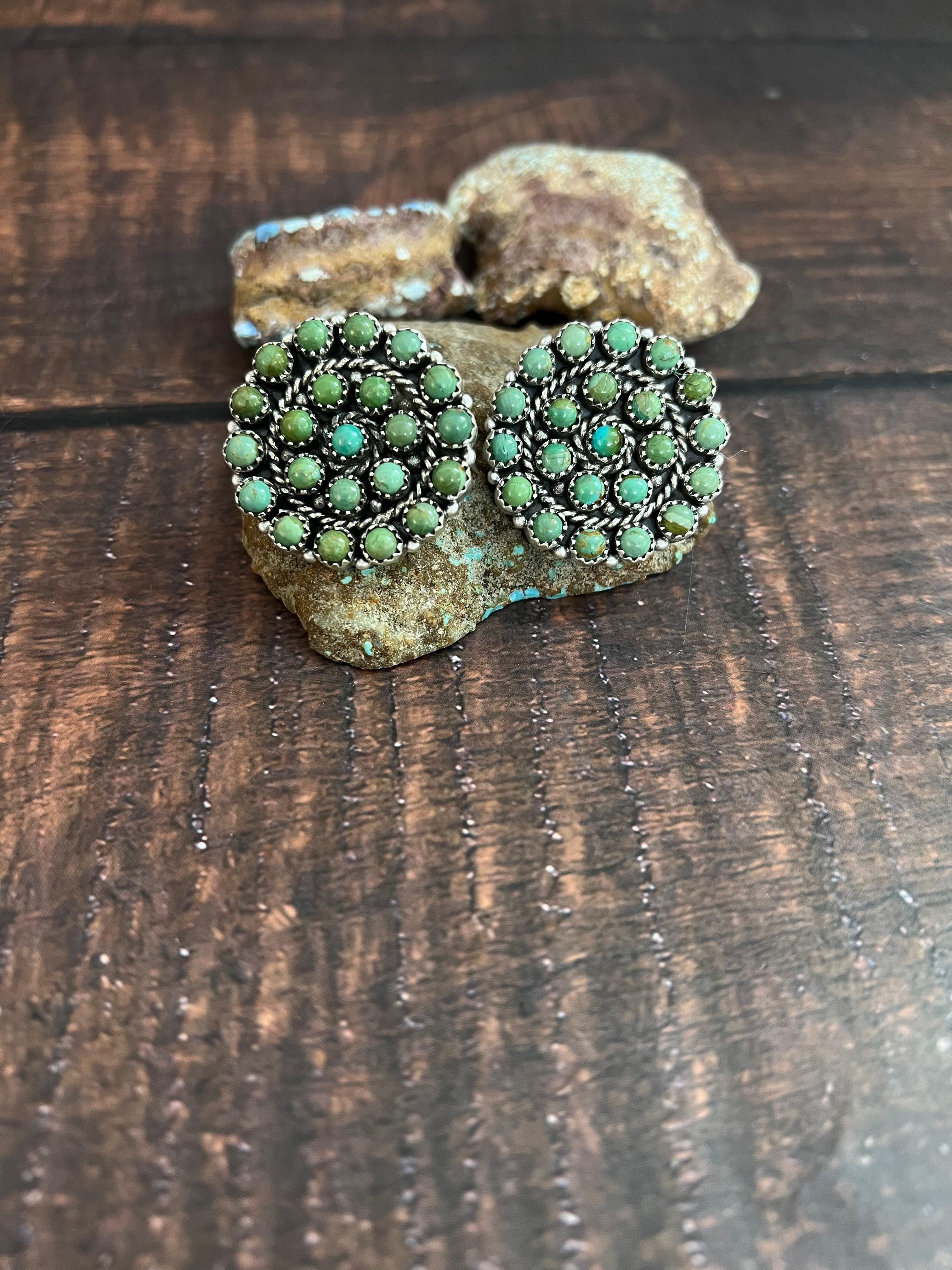 Handmade Sterling Silver Kingman Turquoise Studs with Signed Nizhoni