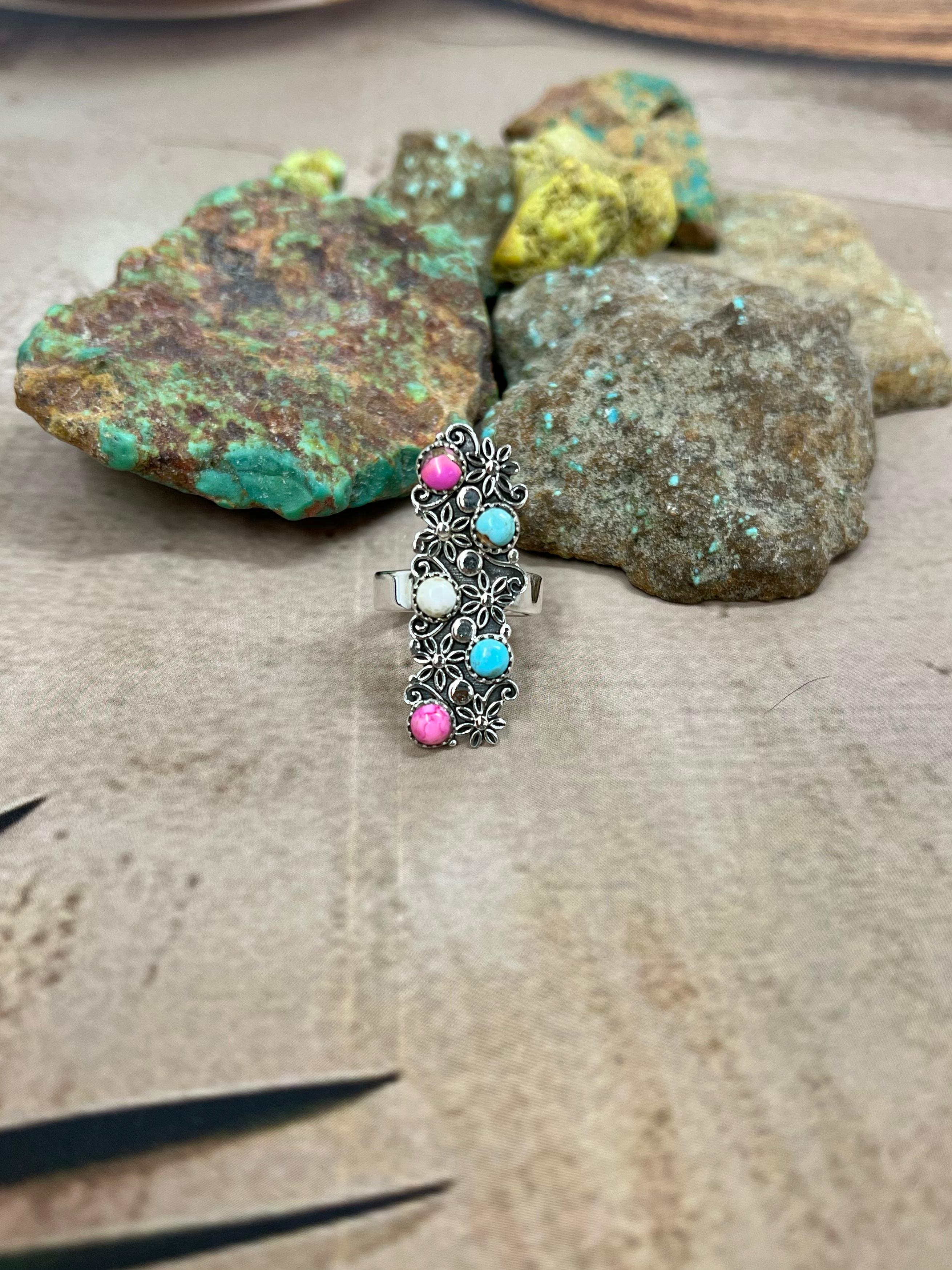 Handmade Sterling Silver Cotton Candy Turquoise Adjustable Ring with Signed Nizhoni