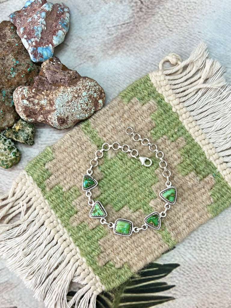 Handmade Sterling Silver Sonoran Mountain Turquoise Chain Bracelet with Signed Nizhoni