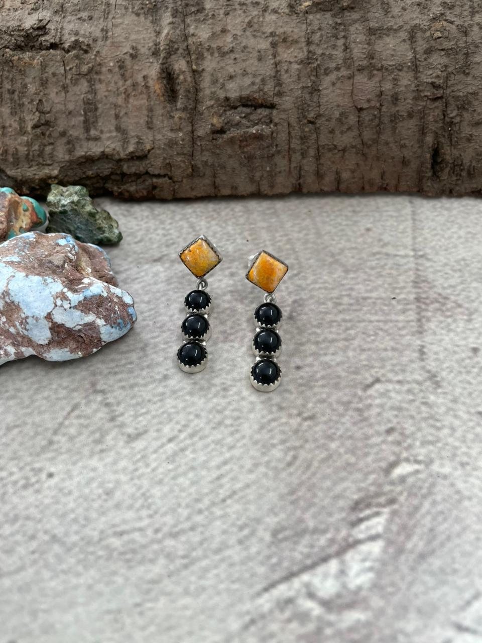 Handmade Sterling Silver Bumblebee with Black Onyx Post Dangle Earrings with Signed Nizhoni