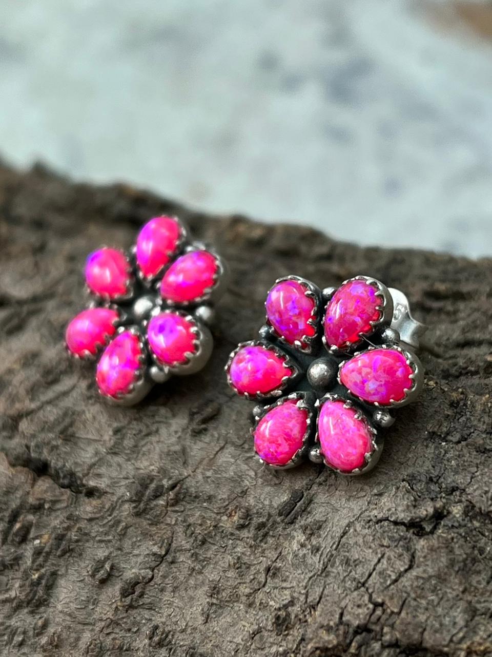 Handmade Sterling Silver Hot Pink Post Studs Earrings "Signed Nizhoni"