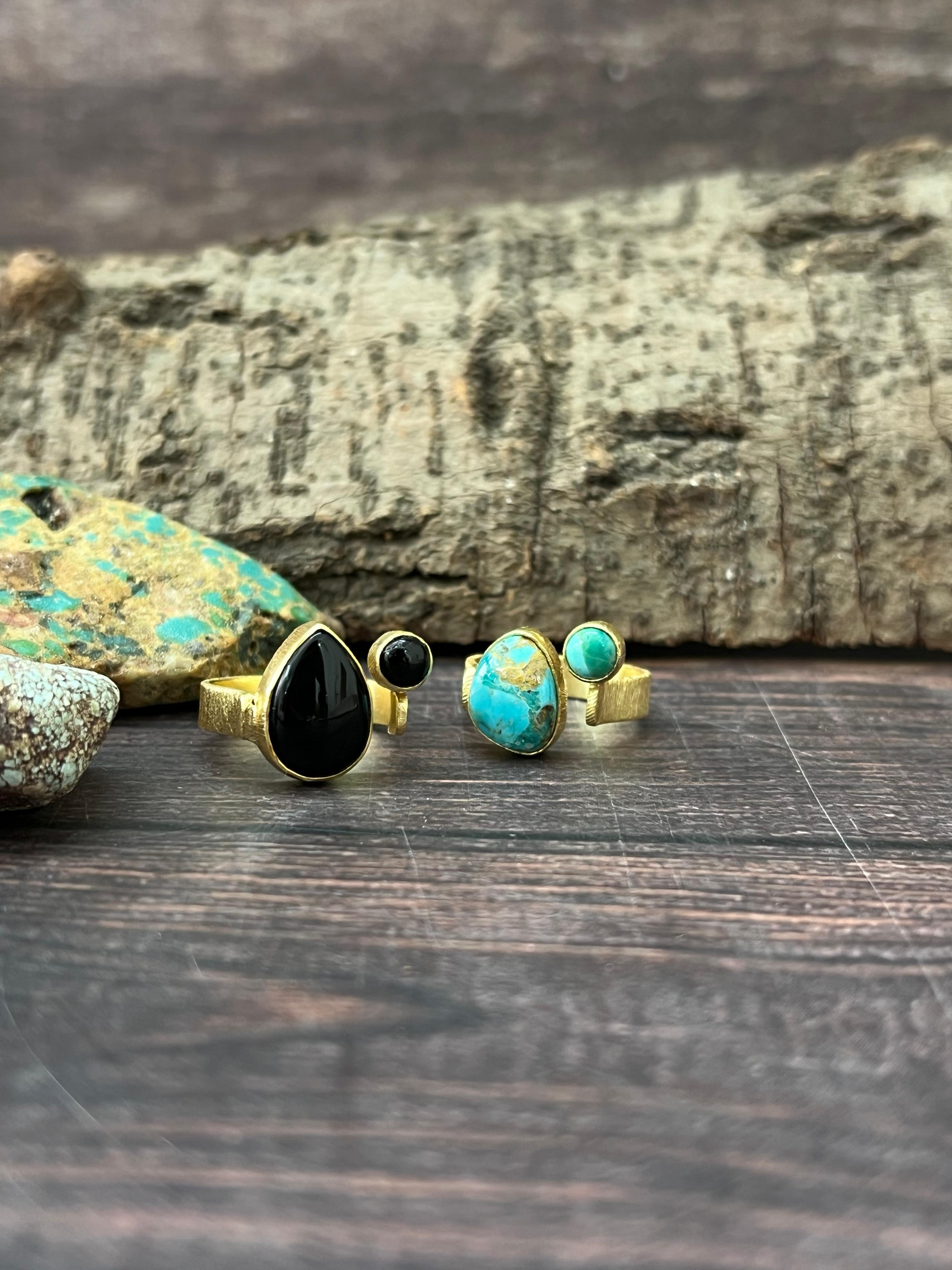 “The Golden Collection” Natural Kingman Turquoise, Black Onyx Adjustable Tear Dot Ring