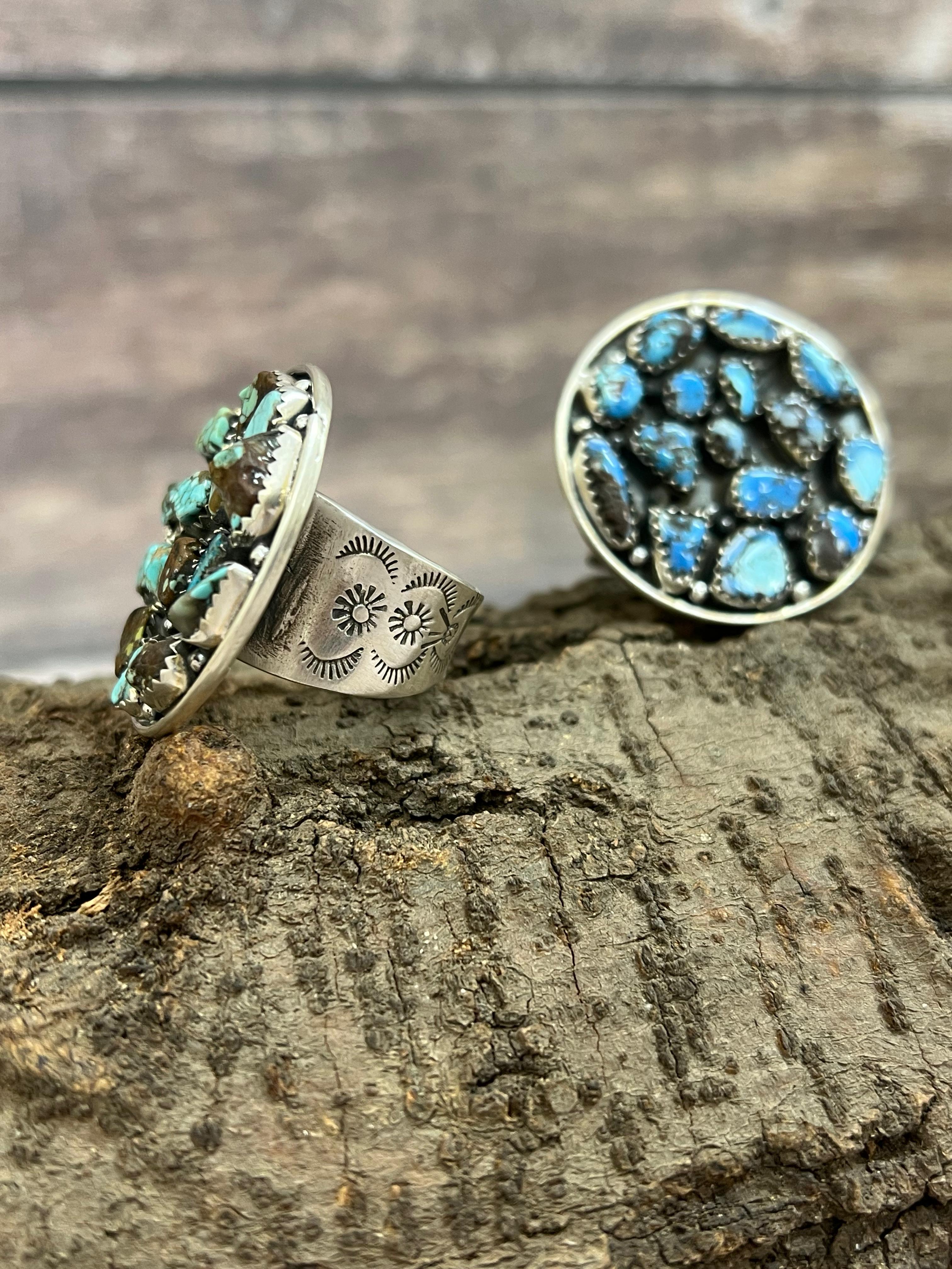 Handmade Sterling Silver Golden Hills, Number 8, Sonoran Mountain Turquoise Adjustable Ring with Signed Nizhoni
