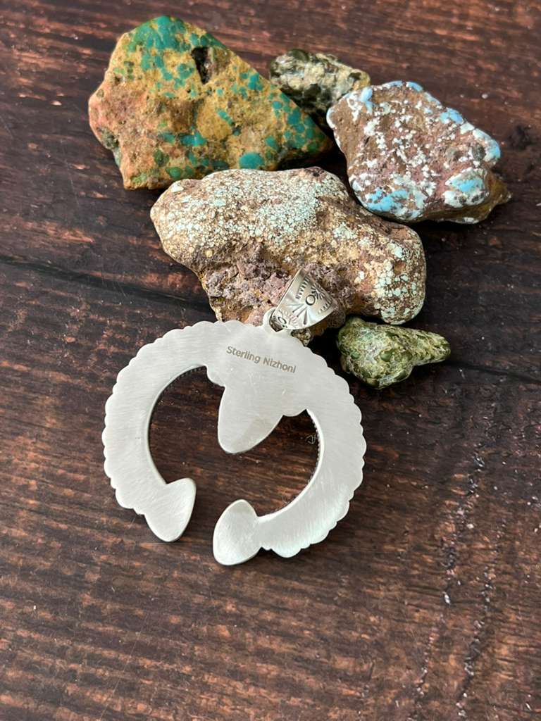 Handmade Sterling Silver Sonoran Mountain Turquoise Naja Pendant "Signed Nizhoni"