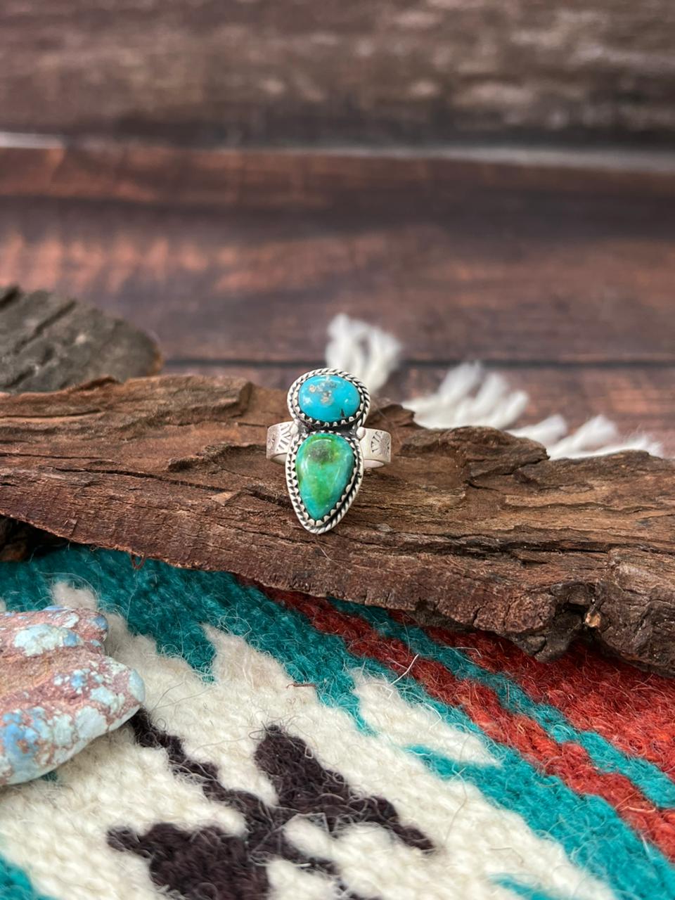Handmade Sterling Silver Sonoran with White Water Turquoise Adjustable Ring " Signed Nizhoni" (6)