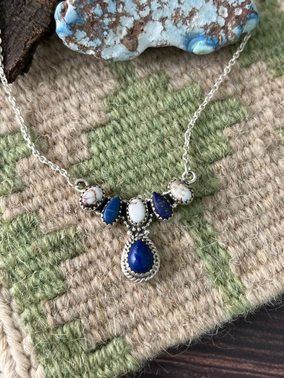 Handmade Sterling Silver Lapis with Wildhorse Magnesite Necklace "Signed Nizhoni"
