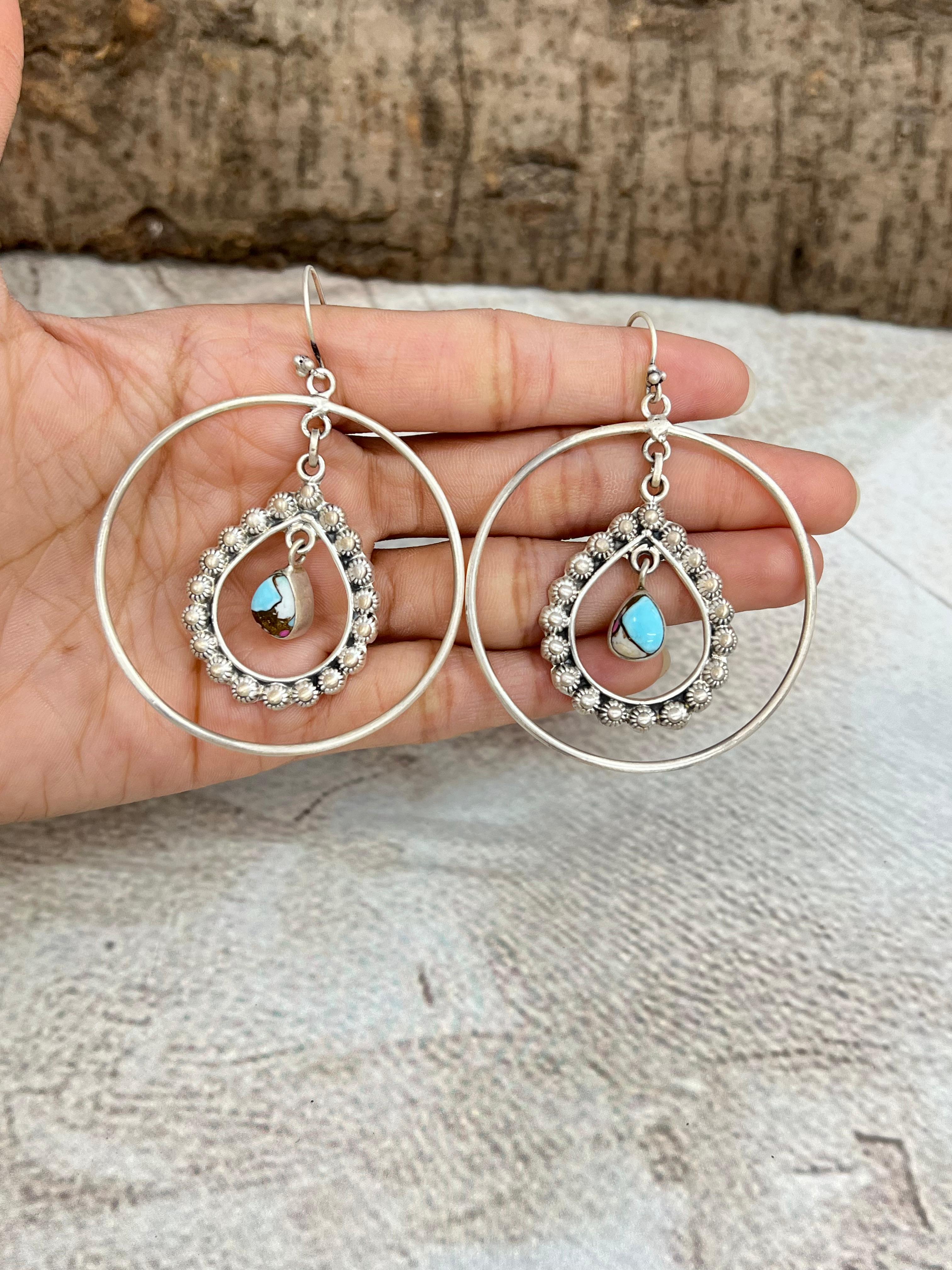 Handmade Sterling Silver Peacock Dahlia, Cotton Candy Turquoise Hoop Earrings with Signed Nizhoni (5)