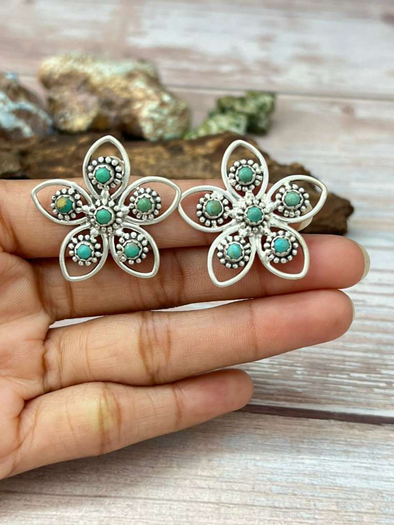 Handmade Sterling Silver Kingman Turquoise Post Studs with Signed Nizhoni