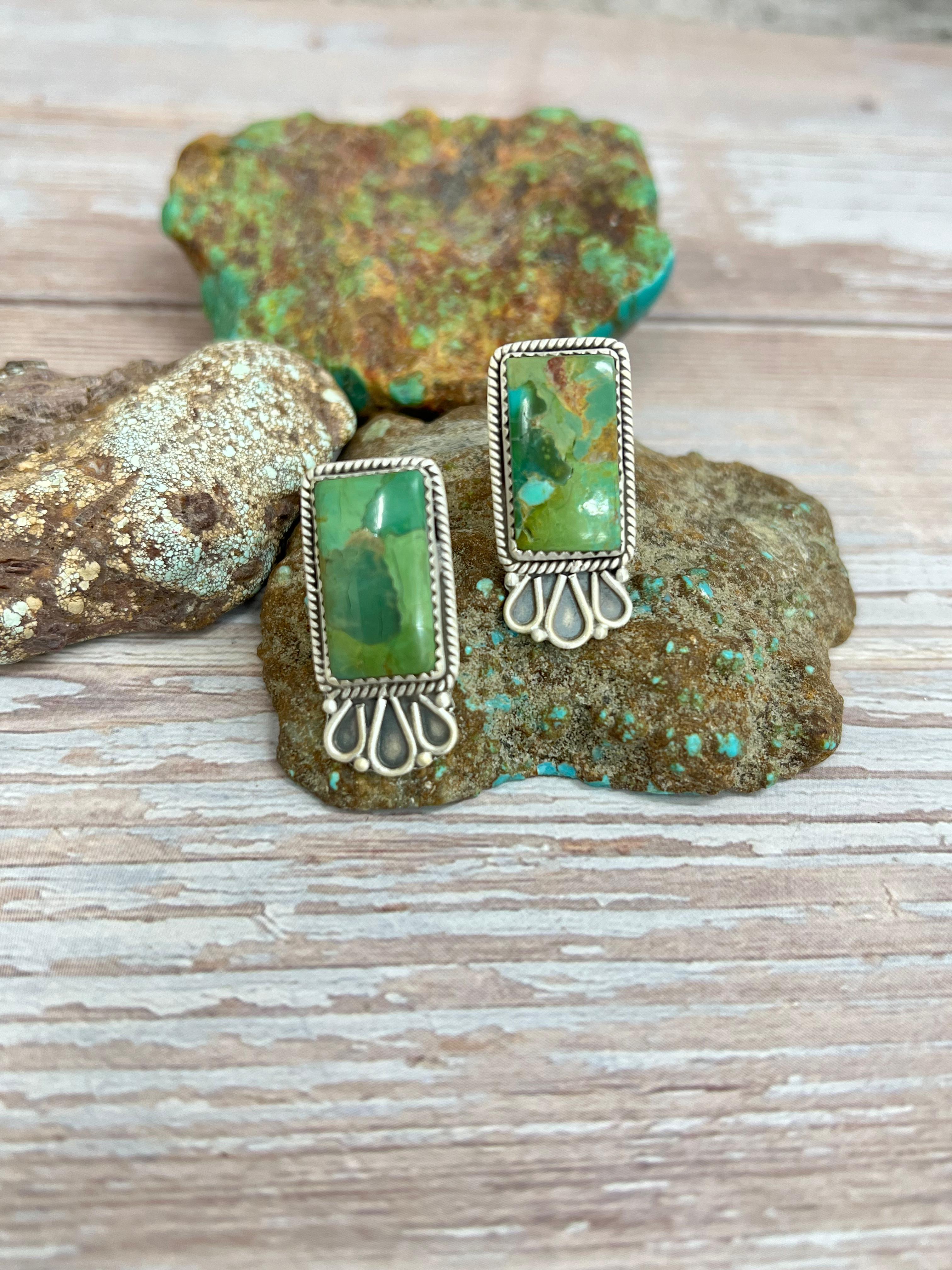 Handmade Sterling Silver Kingman Turquoise Post Earrings with Signed Nizhoni