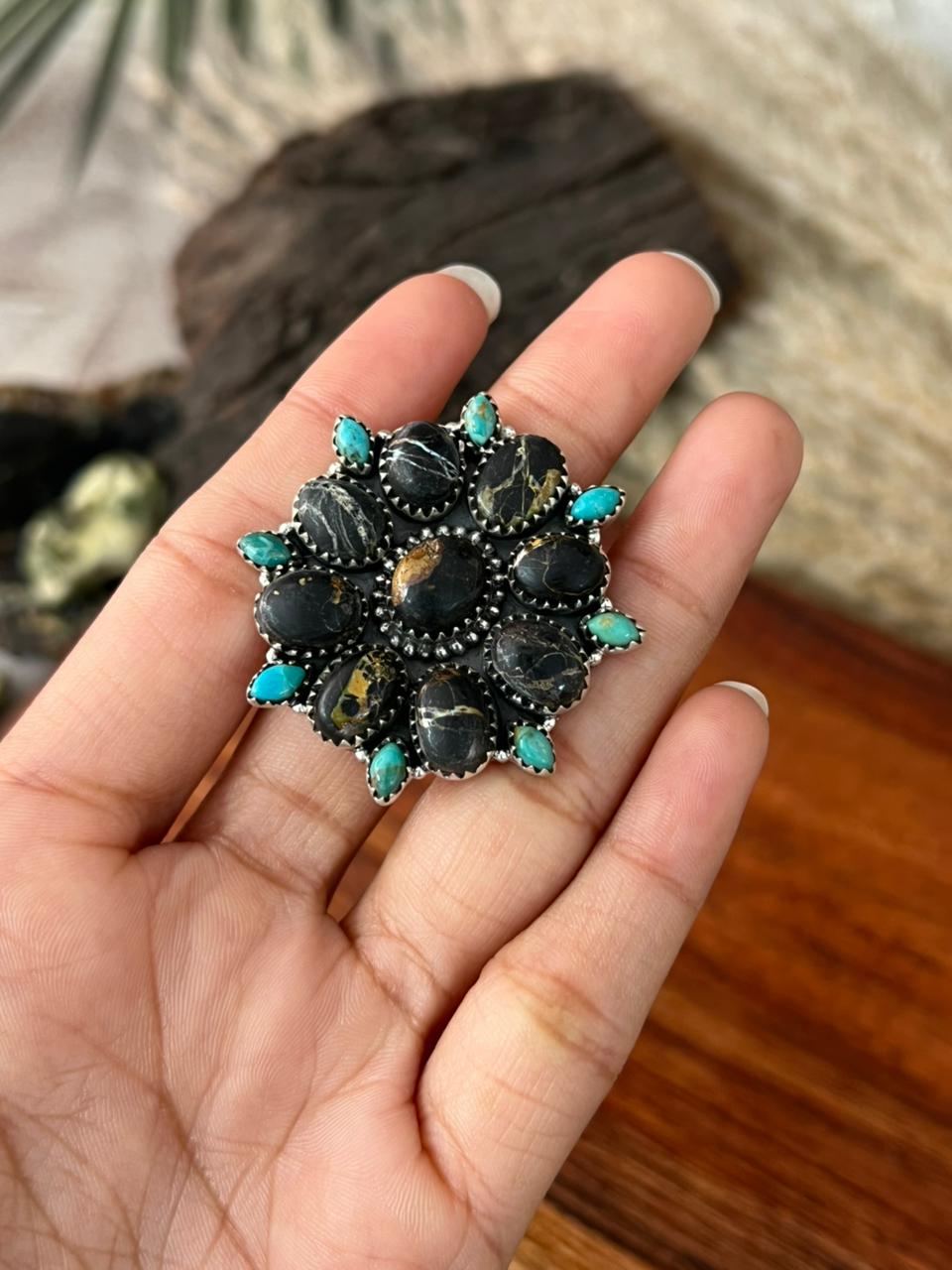 Handmade Sterling Silver Blackjack with Kingman Turquoise Adjustable Ring "Signed Nizhoni"