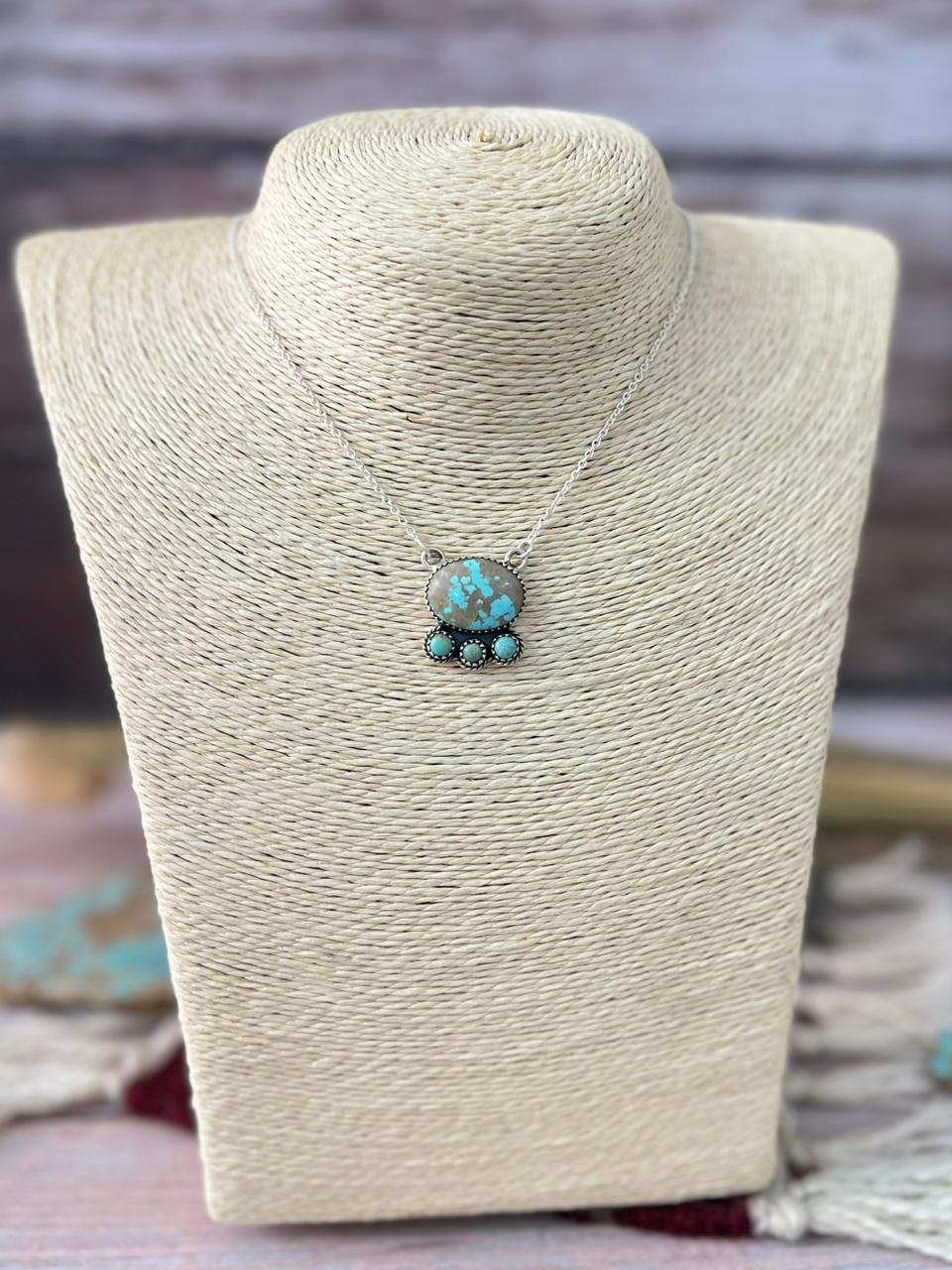 Handmade Sterling Silver Royston Ribbon with Number 8 Turquoise Necklace "Signed Nizhoni"