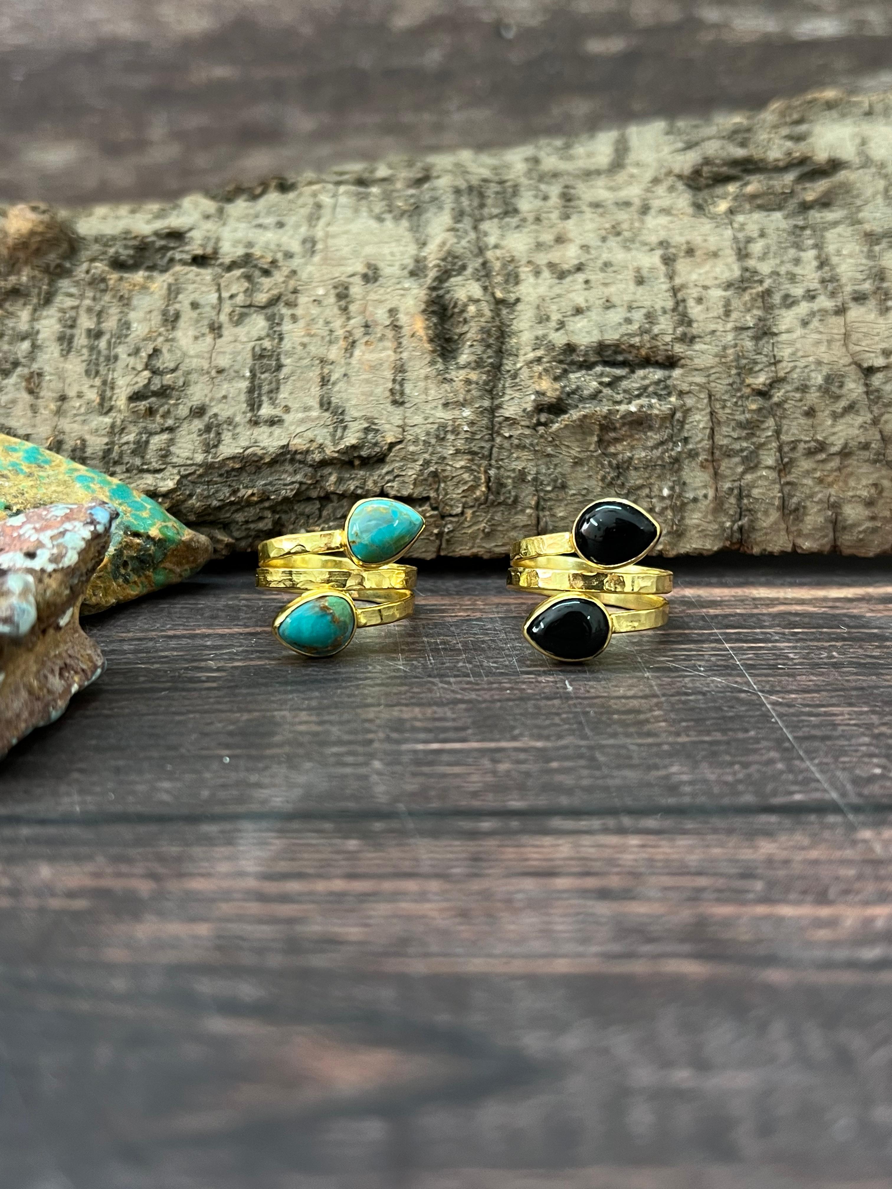 “The Golden Collection” Natural Kingman Turquoise, Black Onyx Adjustable 2 Stone Ring