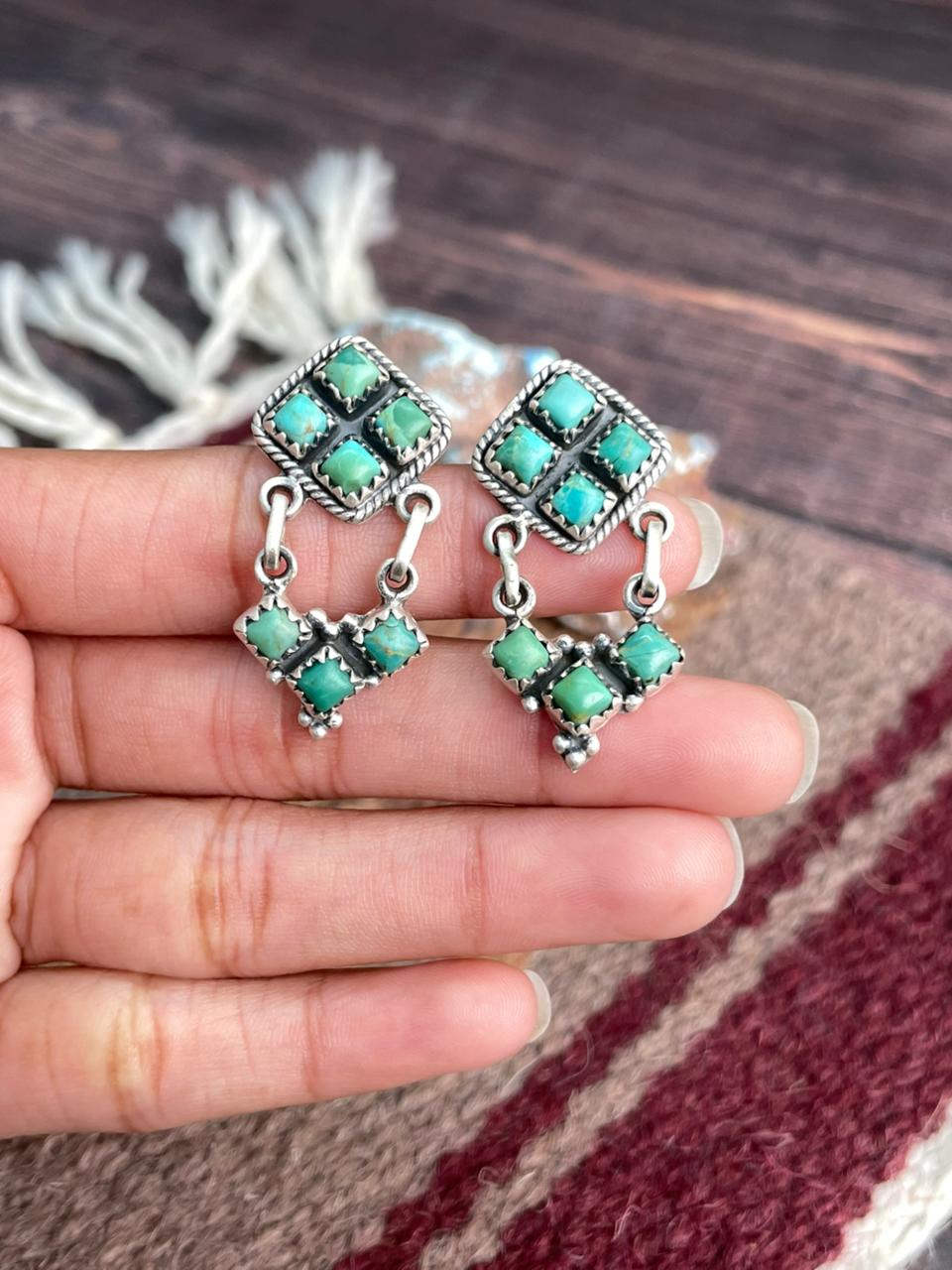 Handmade Sterling Silver Kingman Turquoise Post Dangle Earrings "Signed Nizhoni"