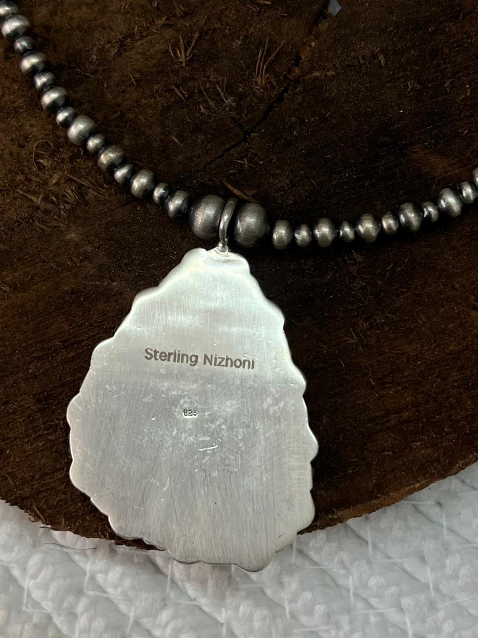 Handmade Sterling Silver Beaded Mantis Turquoise Necklace "Signed  Nizhoni"