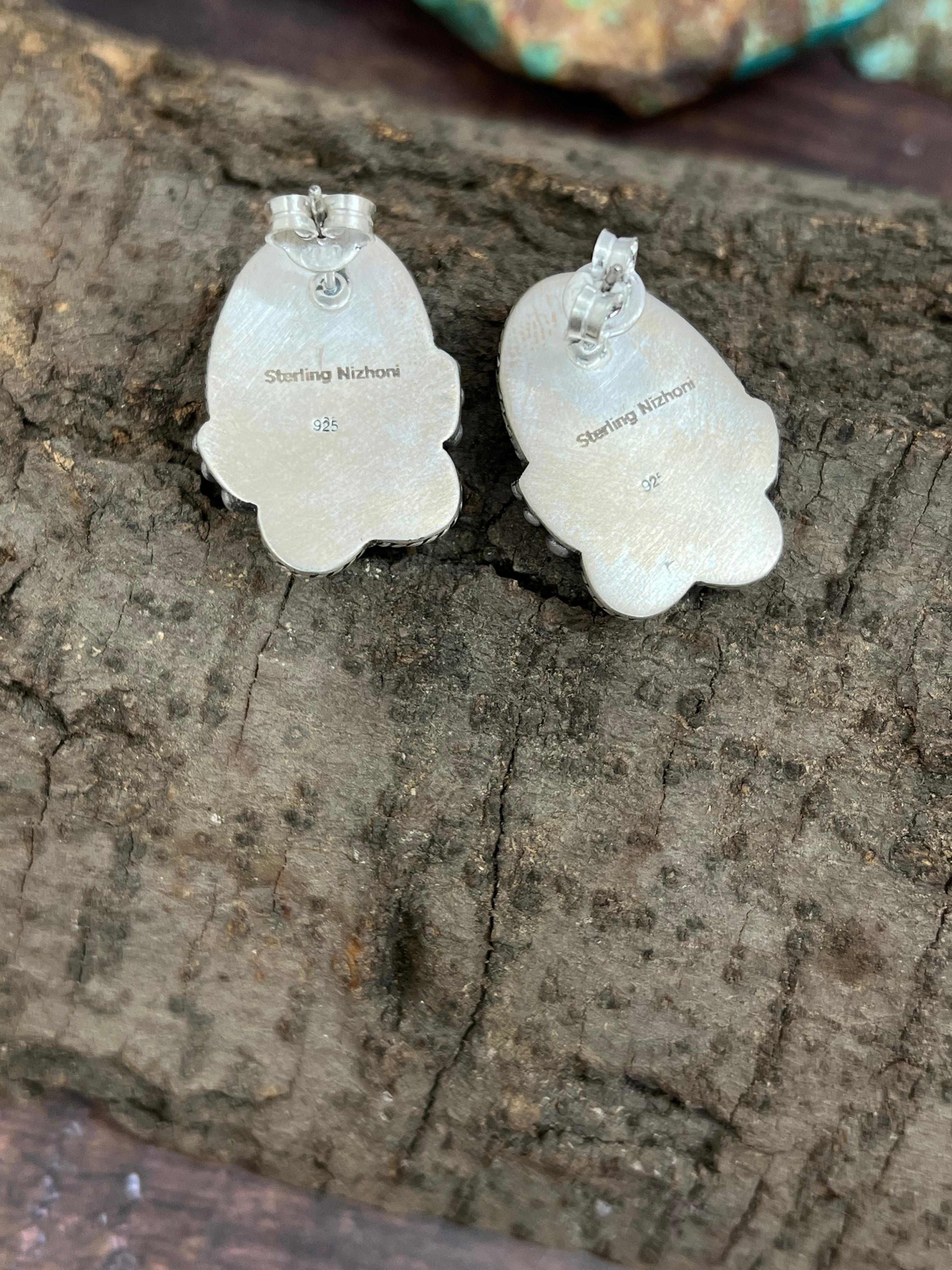 Handmade Sterling Silver Peacock Dahlia Post Earrings with Signed Nizhoni