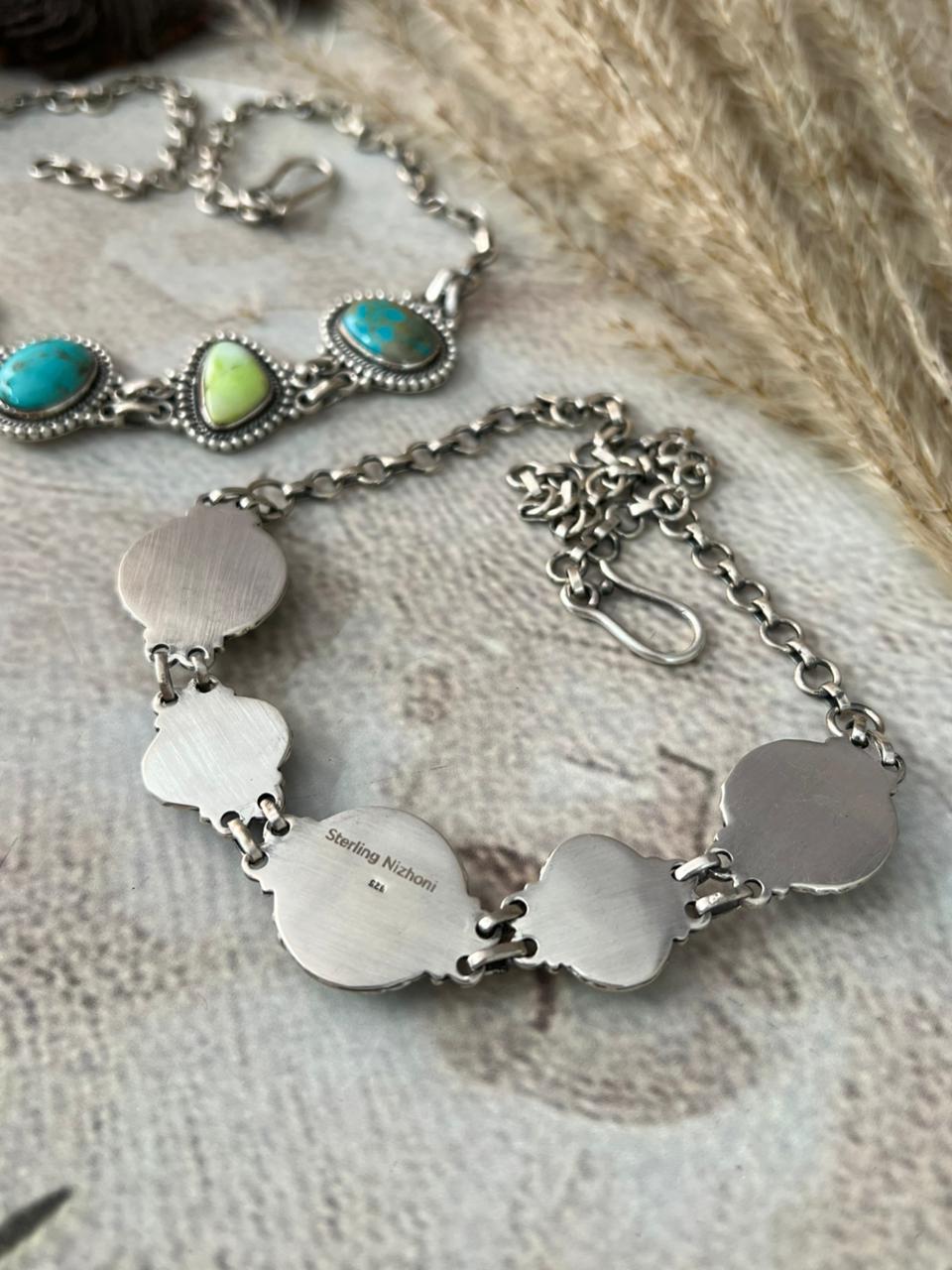 Handmade Sterling Silver Palomino with Blue Kingman Turquoise Necklace "Signed Nizhoni"